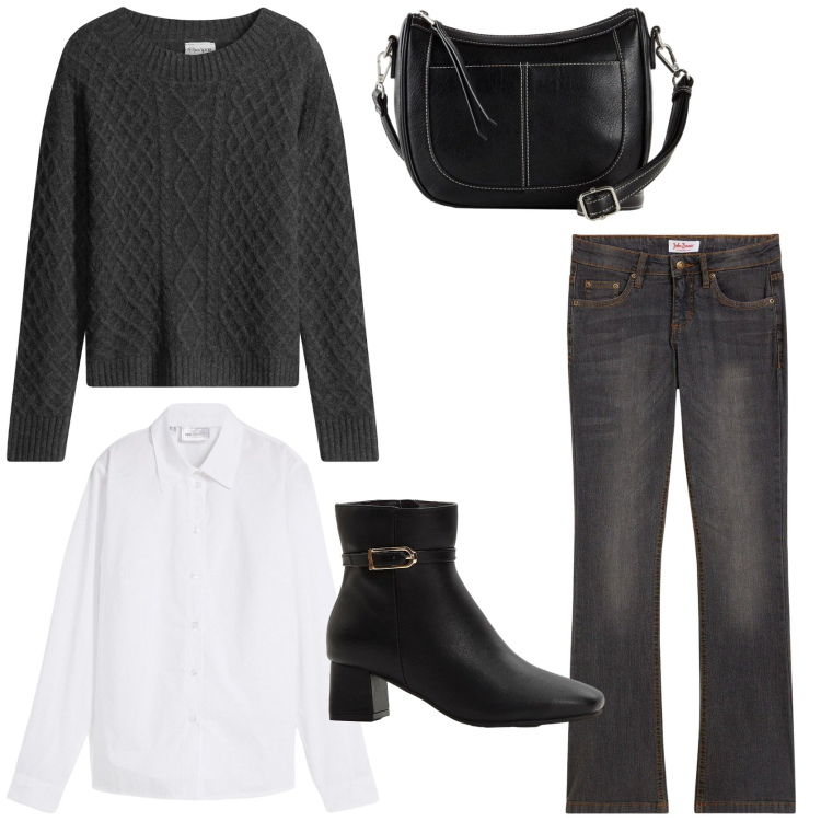 Outfit donna - Hello november. Stile Casual chic per Tutti i giorni. Abbinamento con stivaletti, camicie, jeans bootcut, maglieria, borse a tracolla.