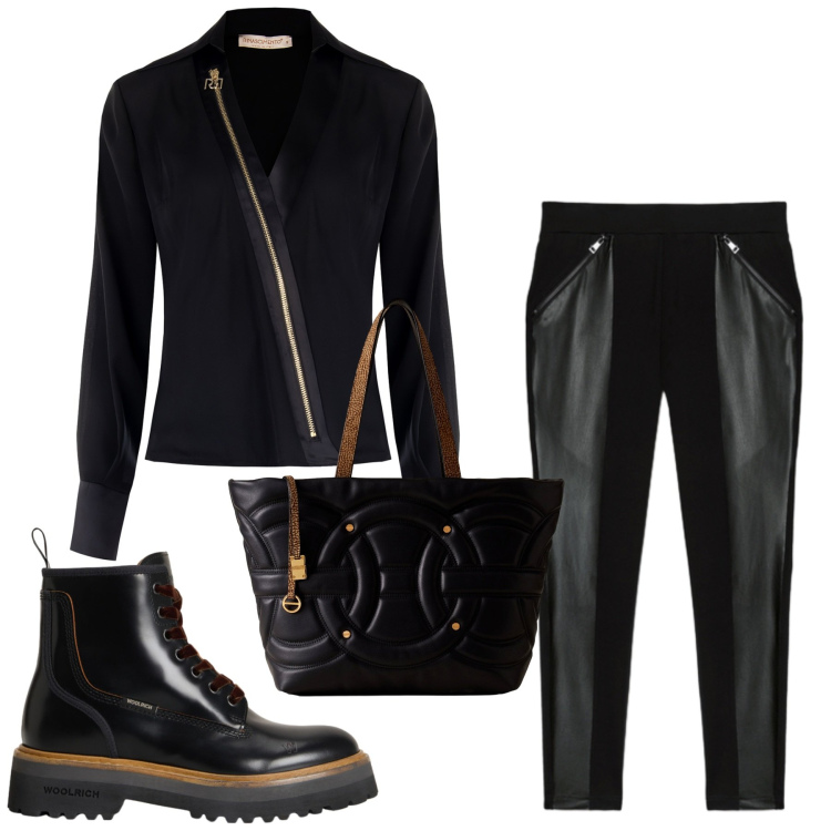 Outfit donna - Total Black Mood. Stile Rock per Serata fuori. Abbinamento con bluse, anfibi, shopping bag, leggings.