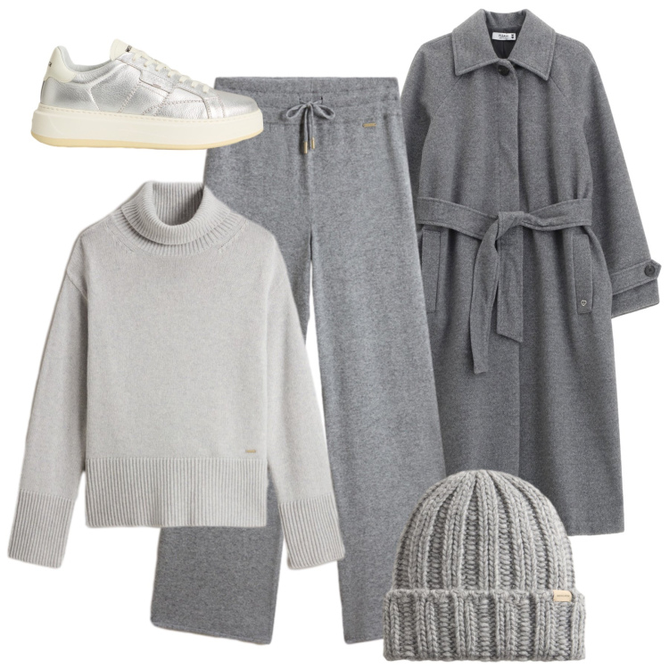 Outfit donna - Sfumature di grigio. Stile Urban per Tutti i giorni. Abbinamento con cappotti, sneakers, berretti, maglieria, pantaloni.