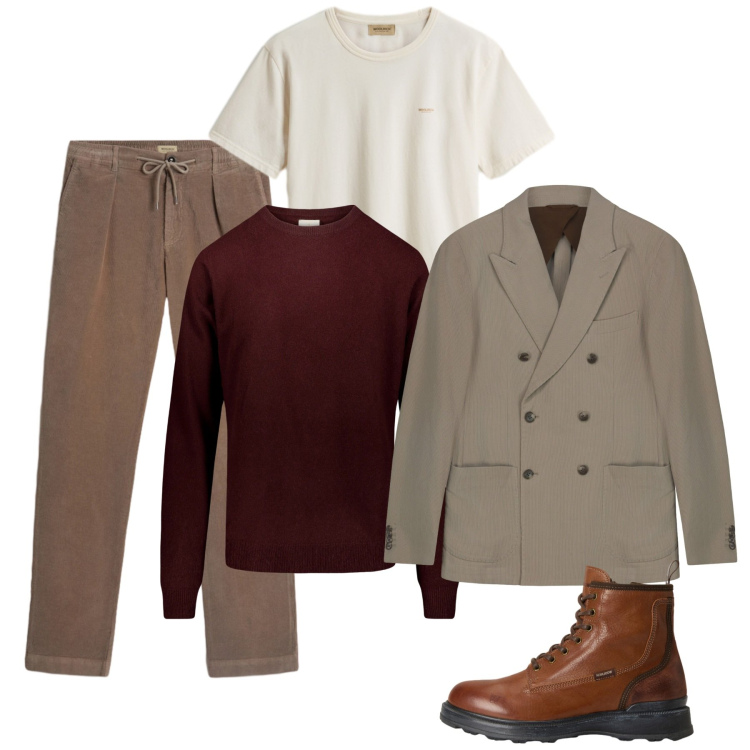 Outfit uomo - Autunno in doppiopetto. Stile Casual per Tutti i giorni. Abbinamento con t-shirt, pantaloni, anfibi, maglieria, giacche.