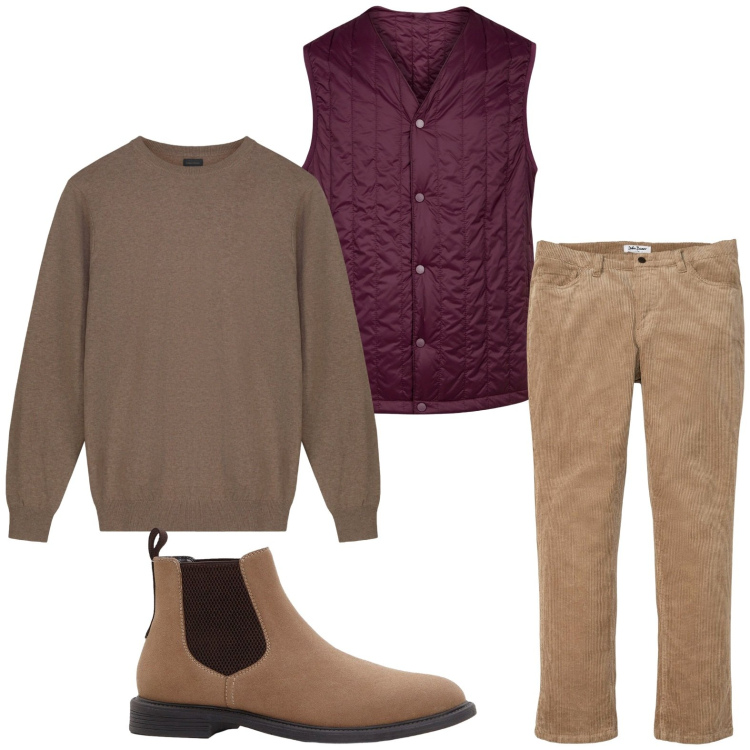 Outfit uomo - Profondo wine. Stile Trendy per Tutti i giorni. Abbinamento con pantaloni, stivali e stivaletti, piumini, maglieria.