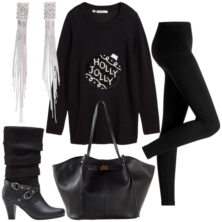 Outfit donna - Total black mood. Stile Rock per Serata fuori. Abbinamento con stivali, leggings, orecchini, maglieria, shopping bag.
