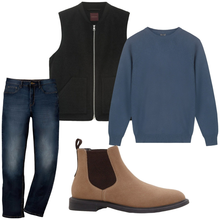 Outfit uomo - Jeans e gilet. Stile Casual per Ufficio. Abbinamento con jeans dritti, stivali e stivaletti, maglieria, giacche.