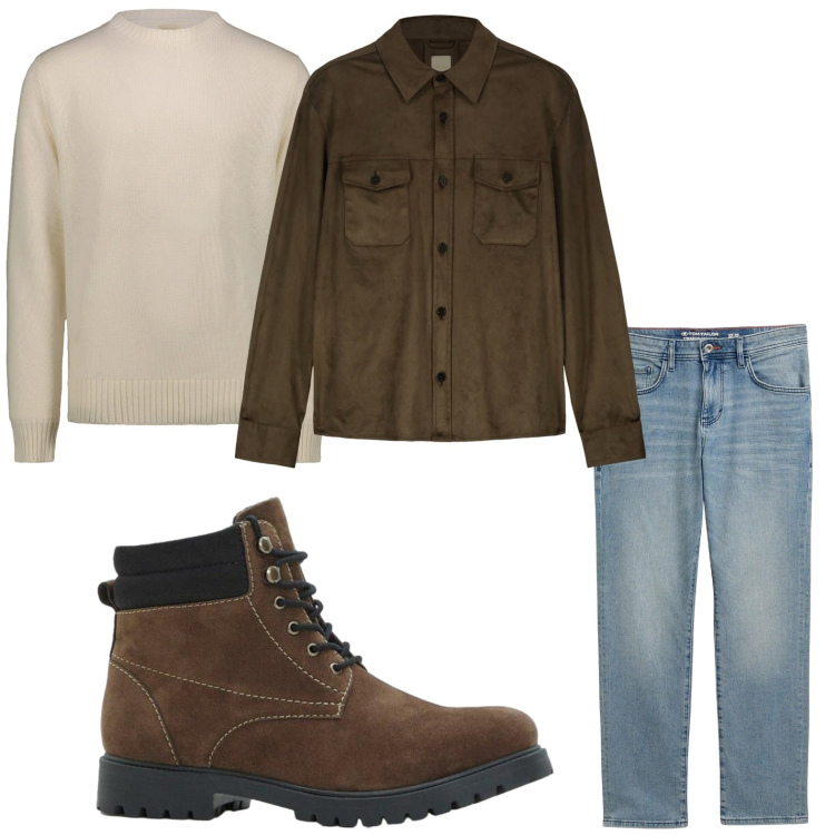 Outfit uomo - Lo scamosciato iconico. Stile Trendy per Ufficio. Abbinamento con jeans dritti, stivali e stivaletti, giacche, maglieria.