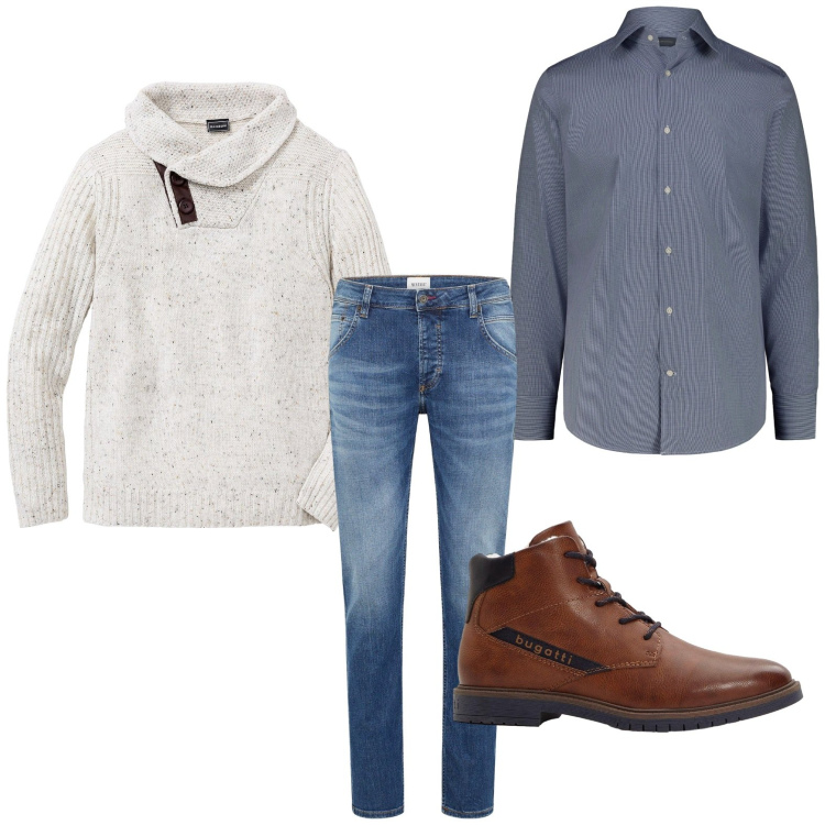 Outfit uomo - Tanto comfort. Stile Trendy per Tutti i giorni. Abbinamento con maglieria, jeans dritti, stivali e stivaletti, camicie.
