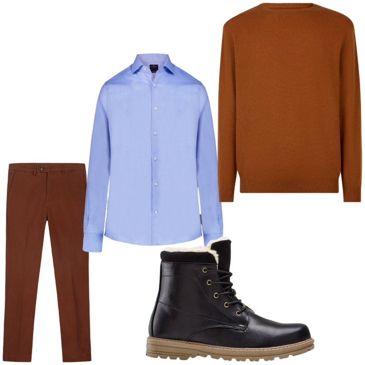 Outfit uomo - Moderno. Stile Casual per Ufficio. Abbinamento con stivali e stivaletti, camicie, maglieria, pantaloni chino.