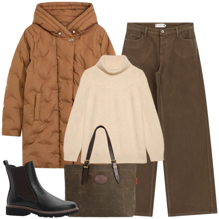 Outfit donna - Colori della terra. Stile Urban per Tutti i giorni. Abbinamento con stivaletti chelsea, giacche, pantaloni a palazzo, borse tote, maglieria.