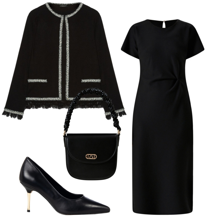 Outfit donna - Total black mood. Stile Chic per Serata fuori. Abbinamento con décolleté, borse a mano, vestiti midi/longuette, cardigans.