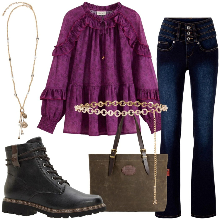 Outfit donna - Total look #2276816. Stile Boho per Tutti i giorni. Abbinamento con bluse, jeans bootcut, stivaletti, cinture, borse tote, ciondoli.