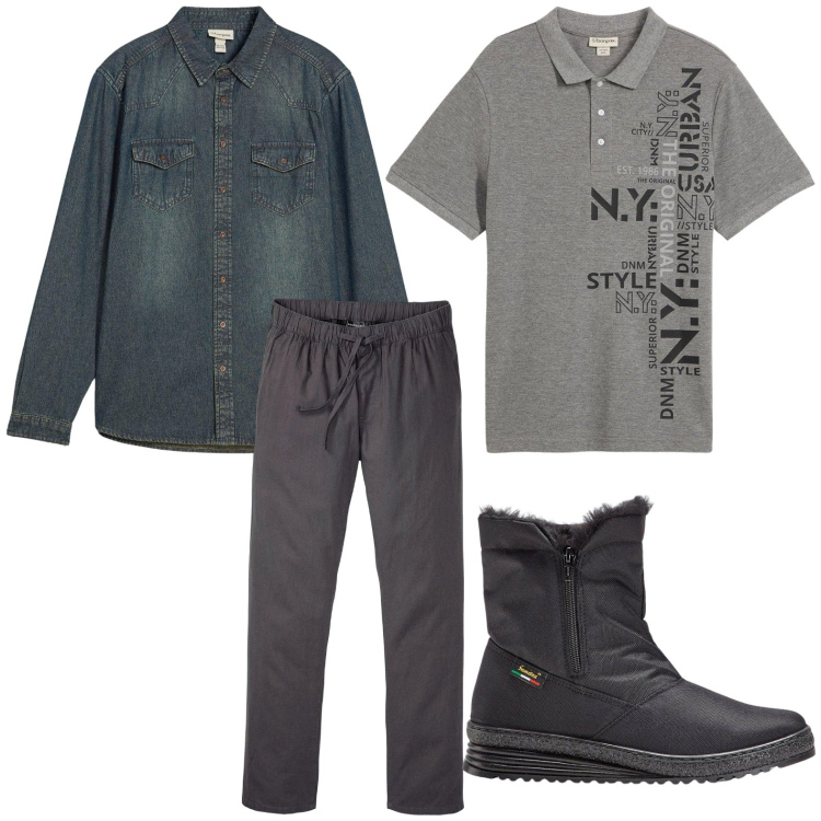 Outfit uomo - Grigio day. Stile Casual per Tutti i giorni. Abbinamento con stivali e stivaletti, pantaloni, polo, camicie.