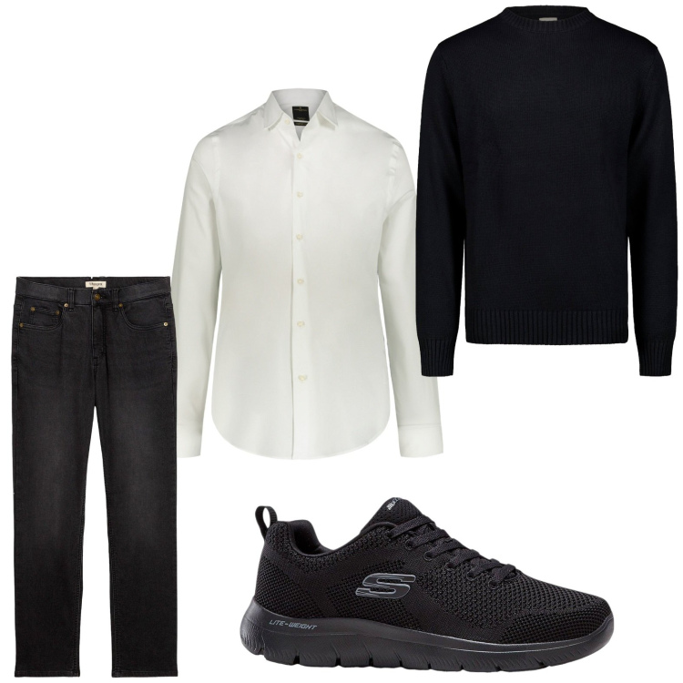 Outfit uomo - Nero e bianco. Stile Trendy per Ufficio. Abbinamento con sneakers, jeans, camicie, maglieria.