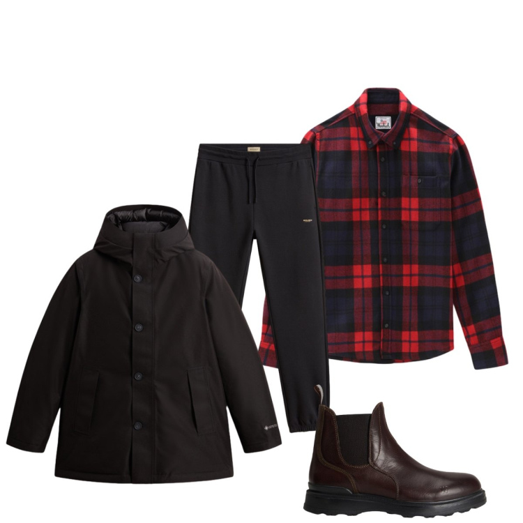 Outfit uomo - Total look #2276828. Stile Casual per Tutti i giorni. Abbinamento con pantaloni, stivali e stivaletti, camicie, parka.