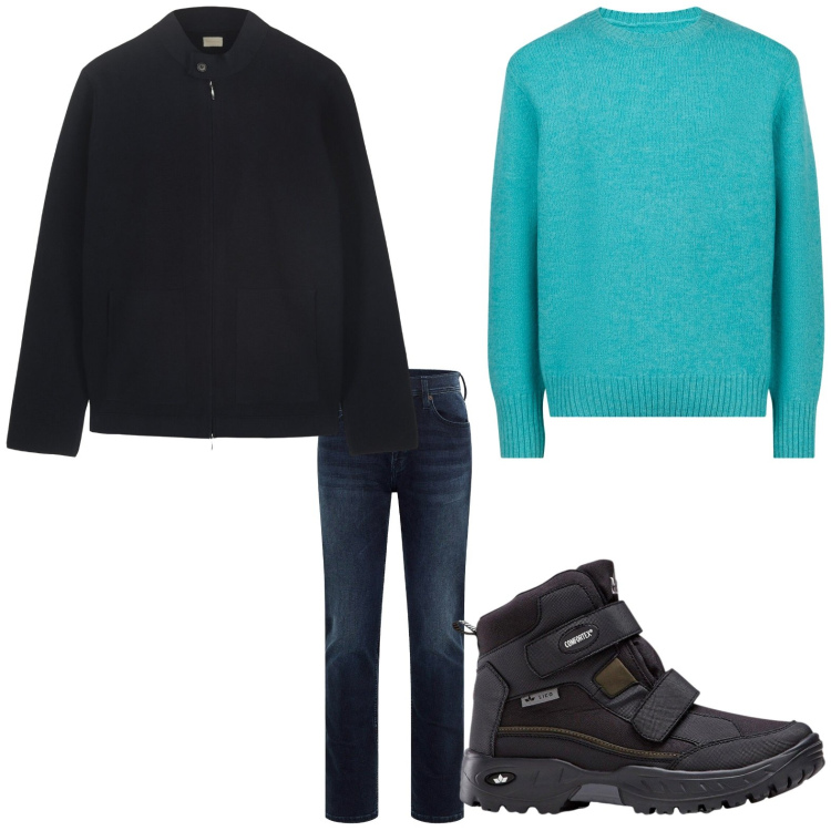 Outfit uomo - Il pull verde acqua. Stile Trendy per Tutti i giorni. Abbinamento con stivali e stivaletti, jeans slim fit, maglieria, giacche.