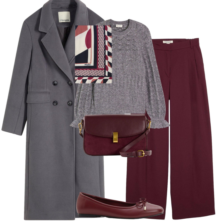 Outfit donna - Novembre. Stile Urban per Tutti i giorni. Abbinamento con ballerine, cappotti, borse a mano, pantaloni, maglieria, foulard.