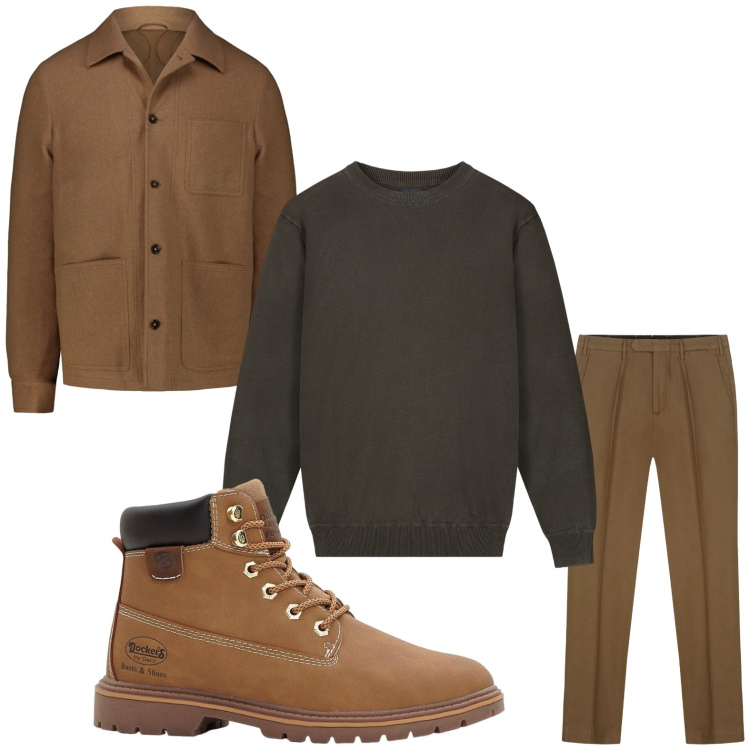 Outfit uomo - Il marrone è di moda. Stile Casual per Tutti i giorni. Abbinamento con stivali e stivaletti, maglieria, pantaloni, cappotti.