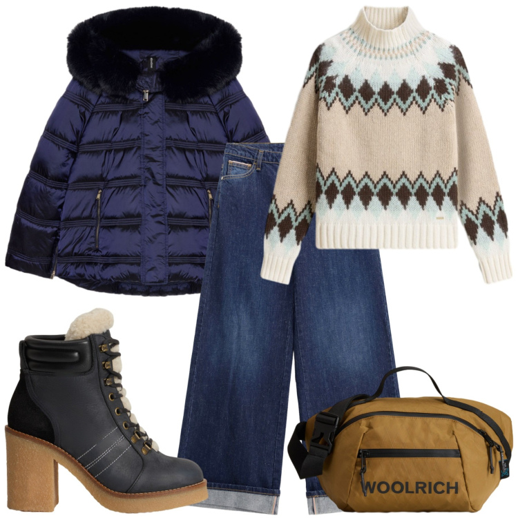 Outfit donna - Total look #2276839. Stile Urban per Tutti i giorni. Abbinamento con jeans, borse a tracolla, maglieria, stivaletti, piumini.