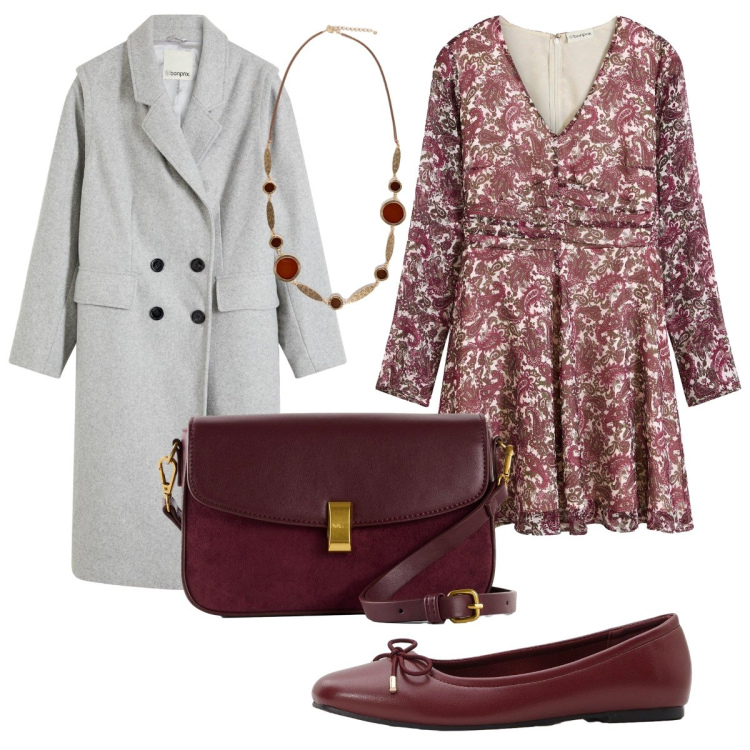 Outfit donna - Il cappotto grigio. Stile Bon Ton per Serata fuori. Abbinamento con ballerine, cappotti, vestiti corti, borse a mano, collane.