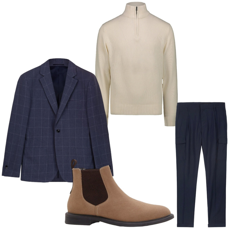 Outfit uomo - Sofisticato. Stile Casual per Serata speciale. Abbinamento con stivali e stivaletti, pantaloni cargo, giacche, maglieria.