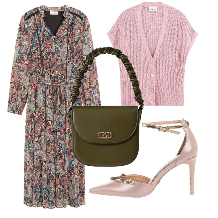 Outfit donna - Invitata speciale. Stile Chic per Cerimonia. Abbinamento con maglieria, vestiti, décolleté, borse a mano.