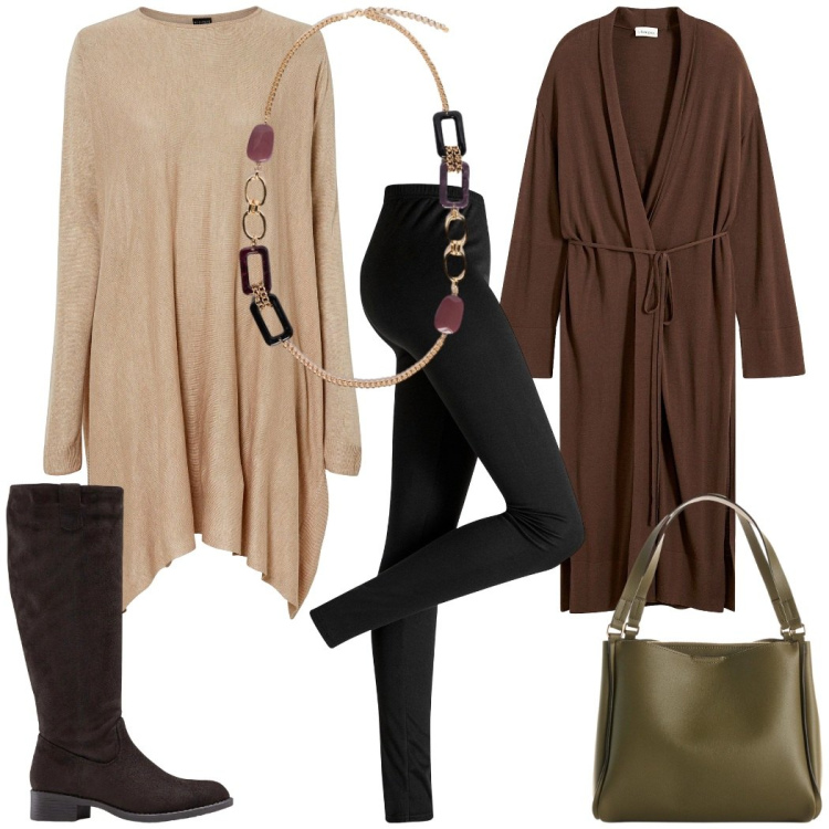 Outfit donna - Total look #2276850. Stile Casual chic per Tutti i giorni. Abbinamento con stivali, maglieria, leggings, cappotti, borse a mano, collane.