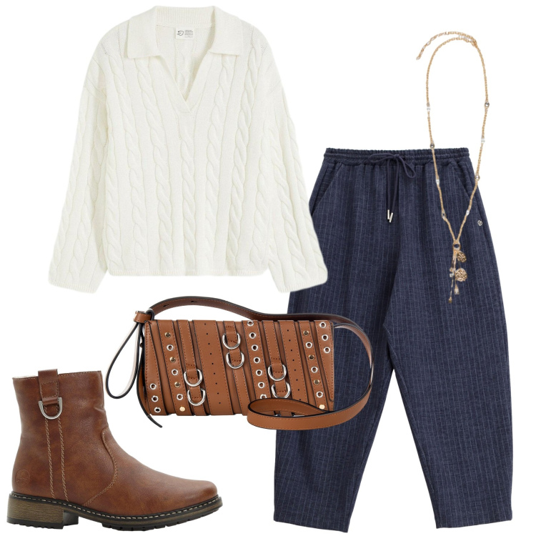 Outfit donna - Total look #2276851. Stile Urban per Tutti i giorni. Abbinamento con stivaletti, maglieria, borse a spalla, jeans, ciondoli.