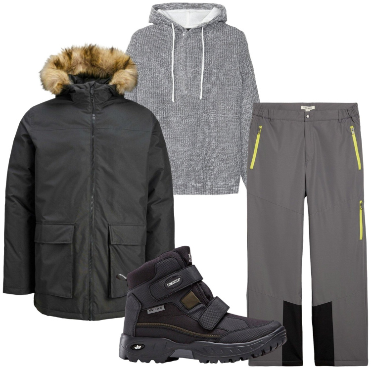 Outfit uomo - Il caldo giaccone. Stile Trendy per Tutti i giorni. Abbinamento con stivali e stivaletti, maglieria, pantaloni, parka.