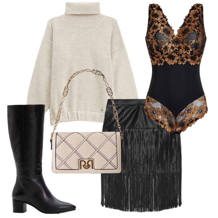 Outfit donna - Serata sexy. Stile Sexy per Serata fuori. Abbinamento con body, stivali, borse a tracolla, maglieria, minigonne.