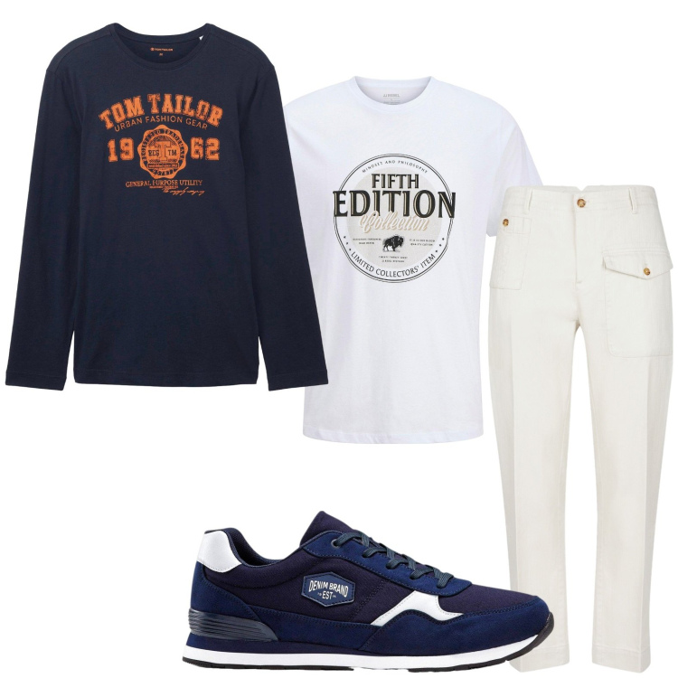 Outfit uomo - Sportivo. Stile Casual per Tutti i giorni. Abbinamento con sneakers, t-shirt, maglieria, pantaloni.