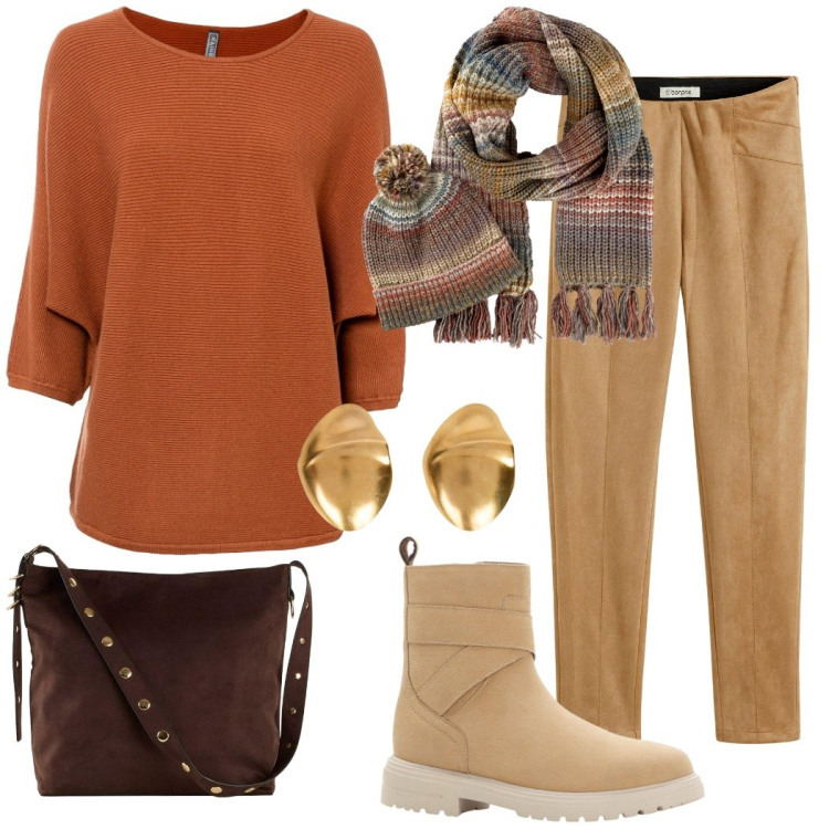 Outfit donna - Total look #2276859. Stile Casual per Tutti i giorni. Abbinamento con maglieria, sciarpe, pantaloni, stivaletti, shopping bag, orecchini.