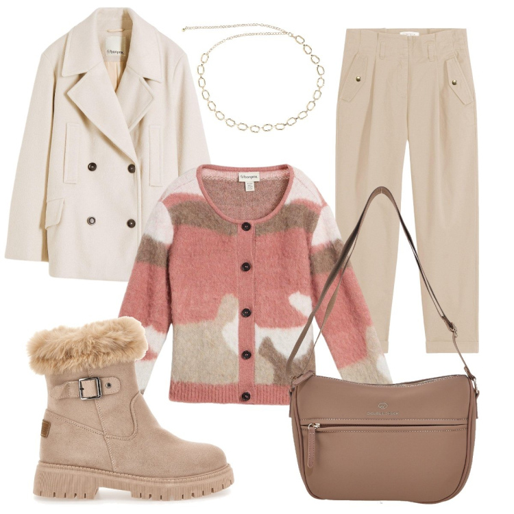 Outfit donna - Colori chiari. Stile Casual chic per Tutti i giorni. Abbinamento con caban, pantaloni, cardigans, collane, borse a tracolla, stivaletti.