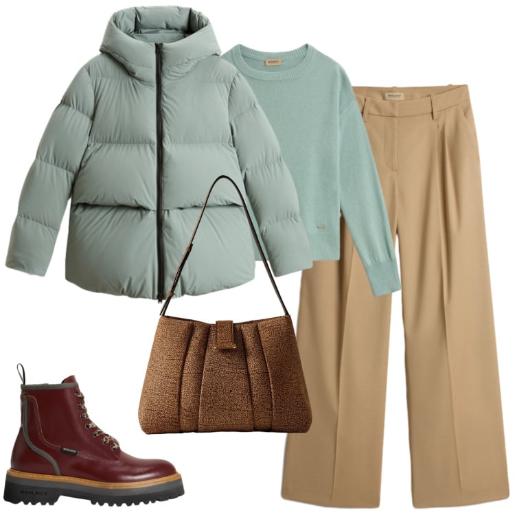 Outfit donna - Il piumino caldo. Stile Casual per Tutti i giorni. Abbinamento con anfibi, pantaloni, piumini, maglieria, borse a spalla.