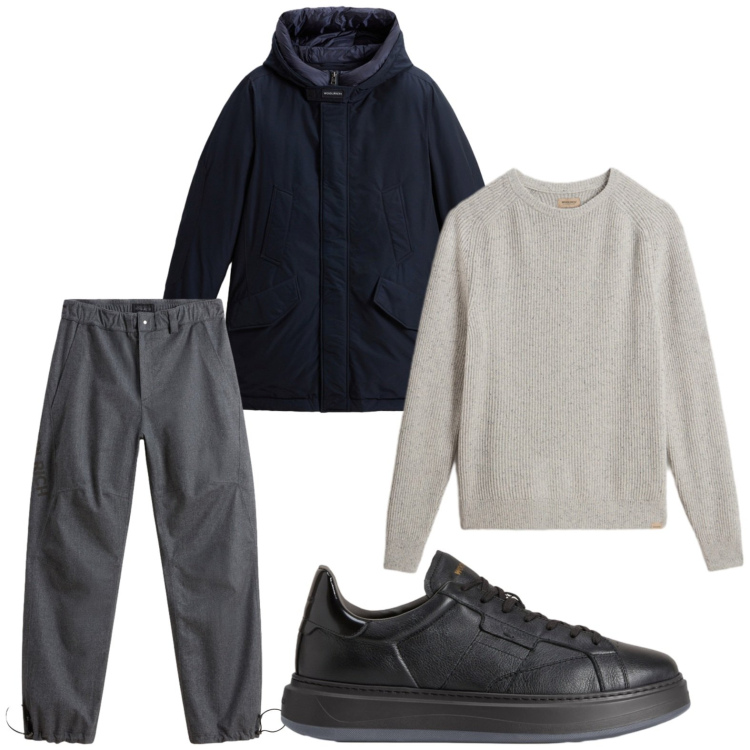 Outfit uomo - Guardaroba autunnale. Stile Casual per Ufficio. Abbinamento con pantaloni, sneakers, maglieria, parka.