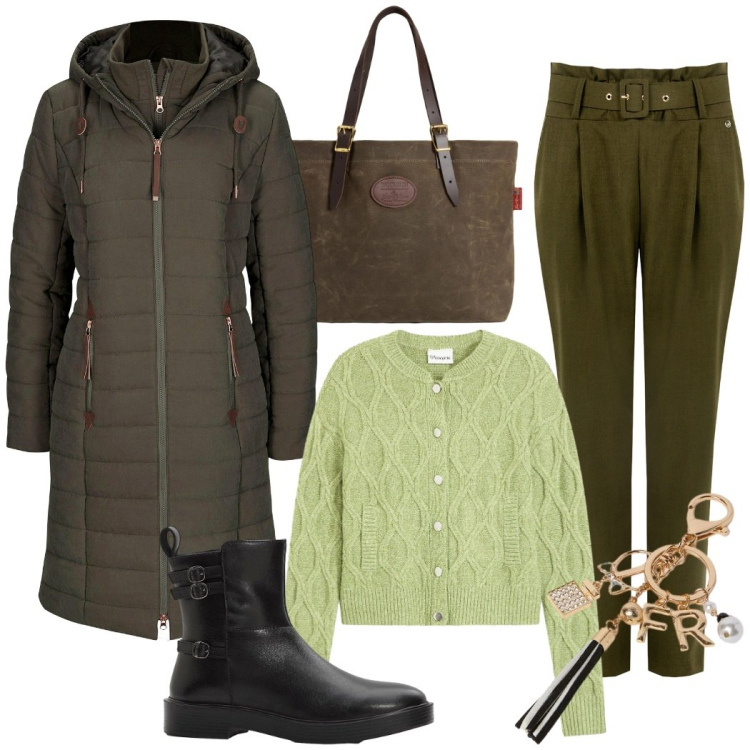 Outfit donna - In ufficio. Stile Casual chic per Ufficio. Abbinamento con blazer, stivaletti, cardigans, pantaloni, borse tote, portachiavi.