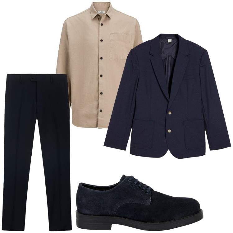 Outfit uomo - Serata in blu. Stile Casual per Serata speciale. Abbinamento con camicie, giacche, scarpe stringate, pantaloni.