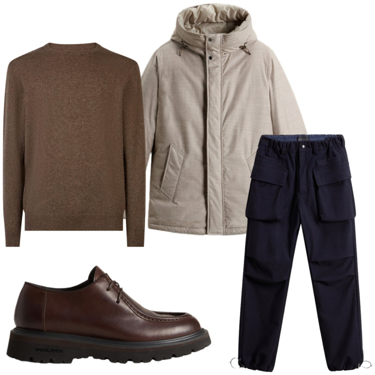 Outfit uomo - Classico. Stile Trendy per Tutti i giorni. Abbinamento con scarpe stringate, pantaloni, parka, maglieria.