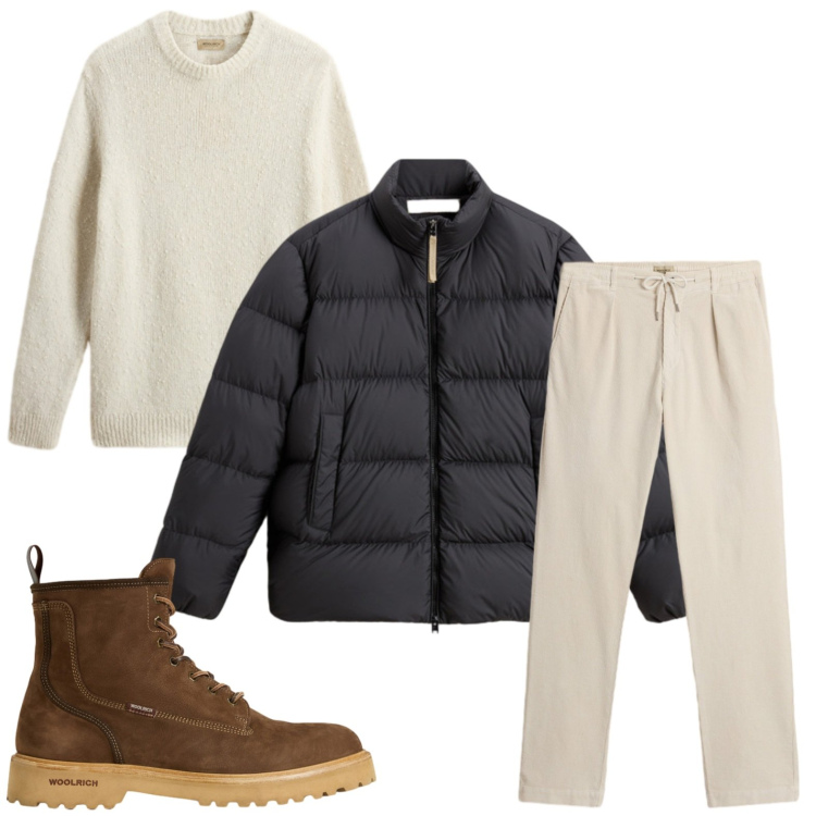 Outfit uomo - Di classe. Stile Casual per Ufficio. Abbinamento con piumini, anfibi, pantaloni, maglieria.