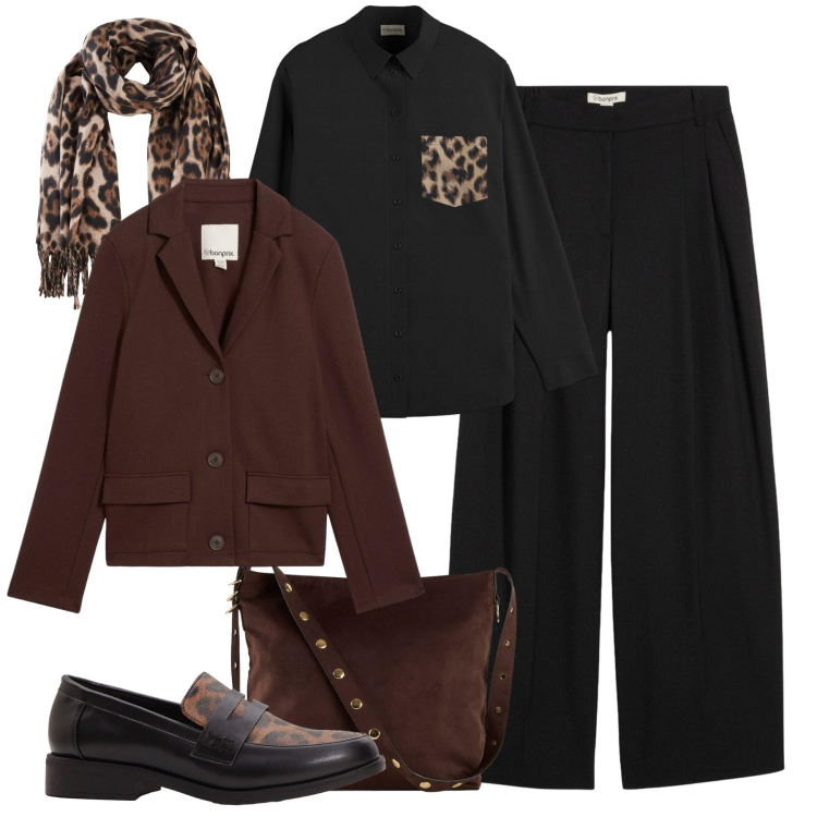 Outfit donna - Apericena animalier details. Stile Glamour per Tutti i giorni. Abbinamento con mocassini, shopping bag, blazer, camicie, pantaloni, foulard.