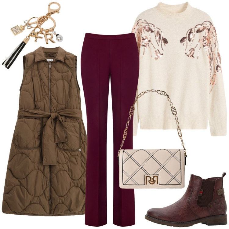 Outfit donna - Total look #2276886. Stile Casual chic per Ufficio. Abbinamento con stivaletti chelsea, maglieria, pantaloni, borse a tracolla, blazer, portachiavi.