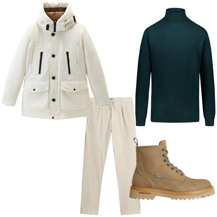 Outfit uomo - Il giaccone versatile. Stile Casual per Ufficio. Abbinamento con pantaloni, anfibi, parka, maglieria.
