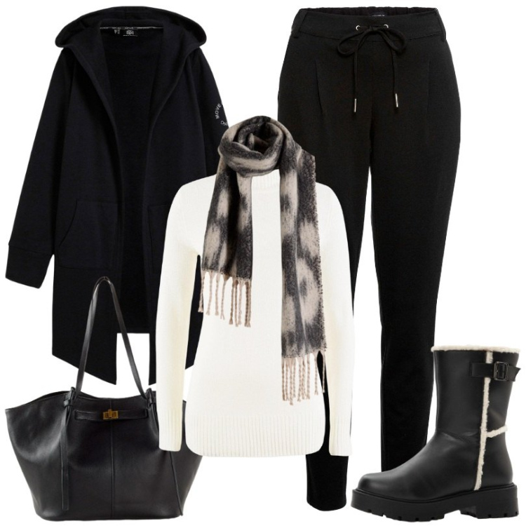 Outfit donna - Pantaloni dallo stile trendy. Stile Basic per Tutti i giorni. Abbinamento con pantaloni, maglieria, blazer, sciarpe, shopping bag, stivali.