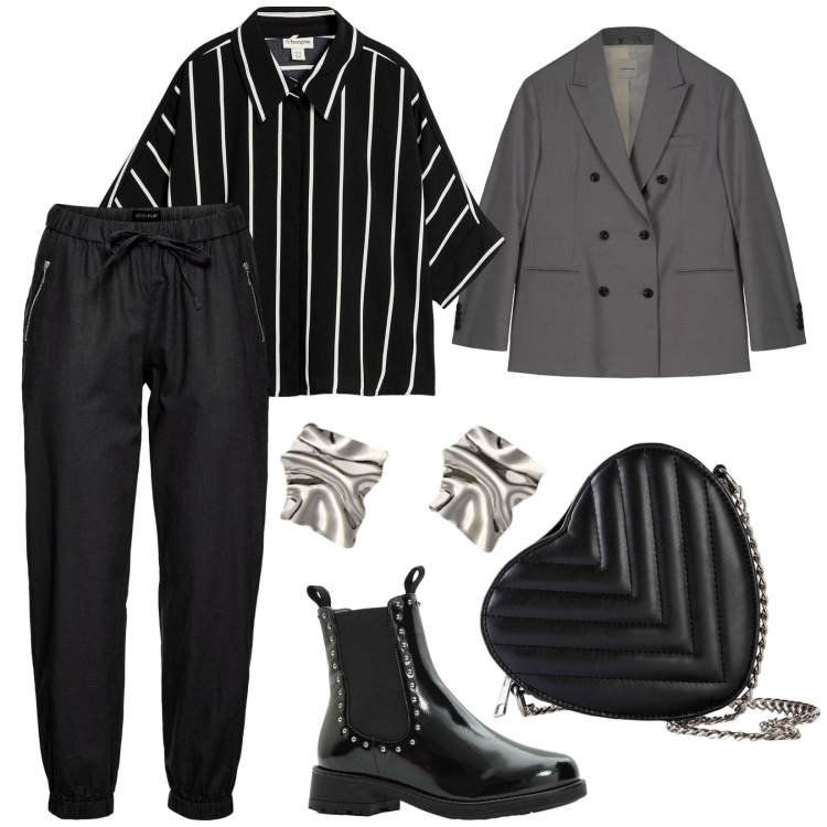 Outfit donna - Total black Mood. per Ufficio. Abbinamento con pantaloni, borse a tracolla, camicie a manica corta, stivaletti chelsea, blazer, orecchini.