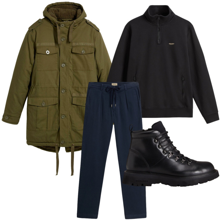 Outfit uomo - Il parka verde oliva. Stile Casual per Ufficio. Abbinamento con parka, stivali e stivaletti, pantaloni, felpe.