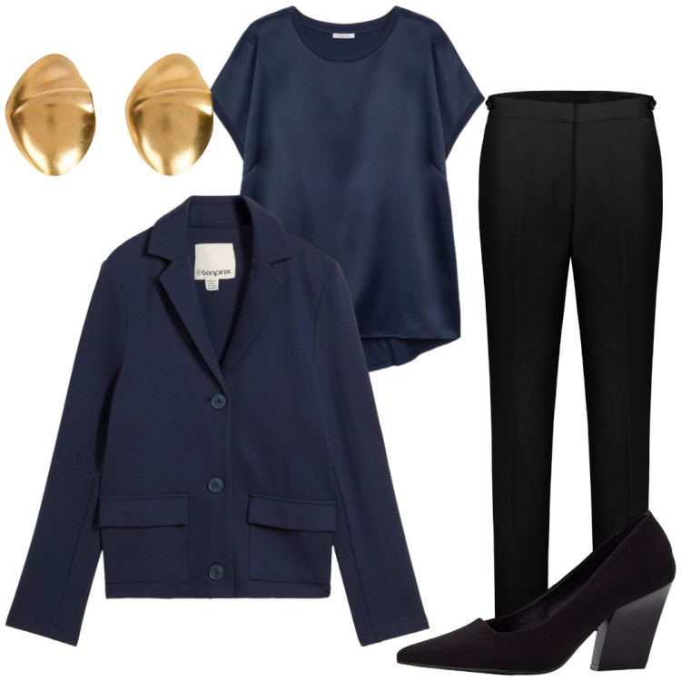 Outfit donna - Total look #2276917. Stile Casual chic per Ufficio. Abbinamento con décolleté, blazer, pantaloni chino, orecchini, bluse.