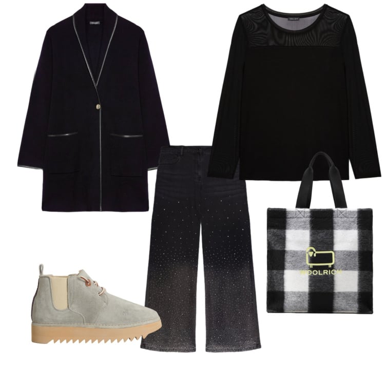 Outfit donna - Total black Mood. per Tutti i giorni. Abbinamento con stivaletti, borse tote, jeans, cardigans, t-shirt.