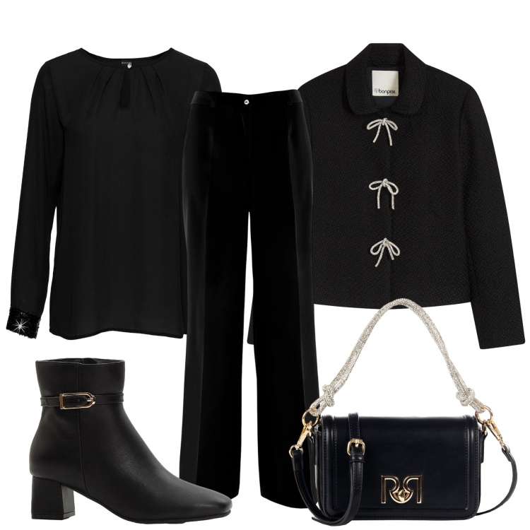 Outfit donna - Total black. Stile Chic per Tutti i giorni. Abbinamento con bluse, pantaloni, blazer, stivaletti, borse a mano.