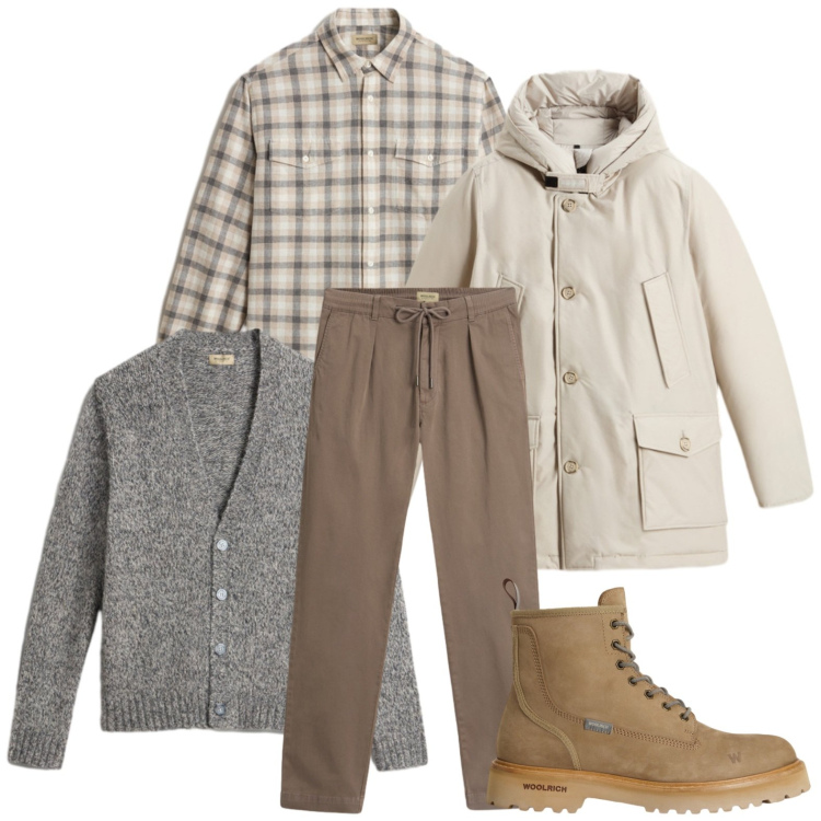 Outfit uomo - Quiet luxury. Stile Trendy per Ufficio. Abbinamento con pantaloni, anfibi, cardigans, camicie, parka.