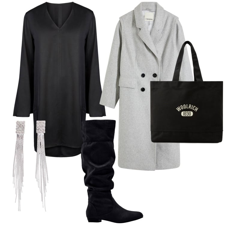 Outfit donna - Total black Mood. per Serata fuori. Abbinamento con orecchini, stivali, cappotti, borse tote, vestiti a tubino.