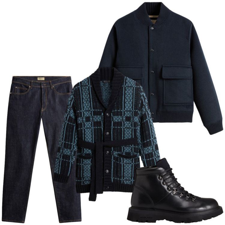 Outfit uomo - Tendenza noir. Stile Biker Rock per Serata speciale. Abbinamento con bomber, pantaloni, stivali e stivaletti, cardigans.