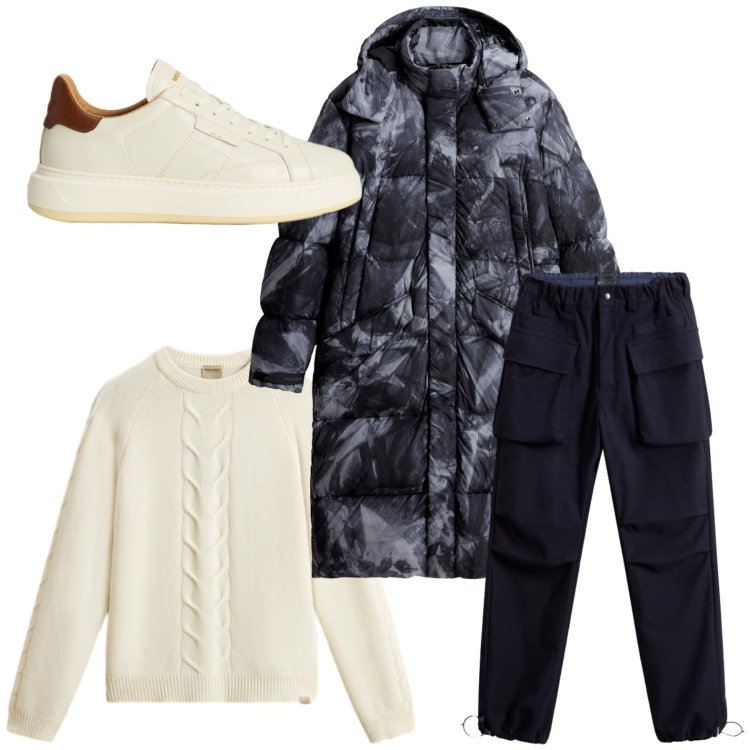 Outfit uomo - Dandy. Stile Trendy per Ufficio. Abbinamento con pantaloni, maglieria, sneakers, piumini.