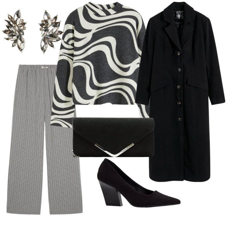 Outfit donna - Total black Mood. per Ufficio. Abbinamento con cappotti, maglieria, décolleté, pantaloni, orecchini, pochette.